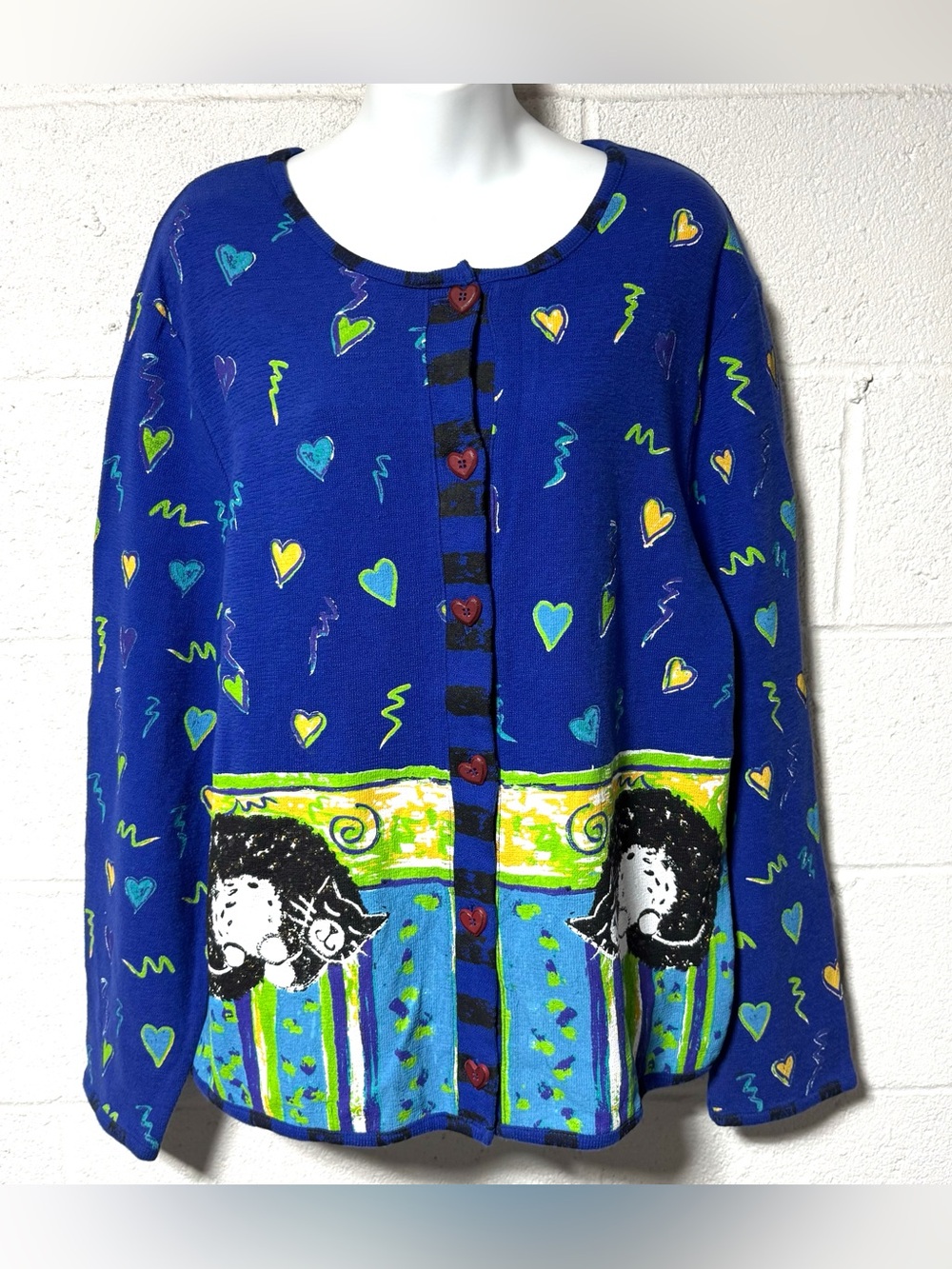Vtg NWT Sport Elle Kitty Cat Heart Cardigan XL Whimsical Wearable Art Sweater